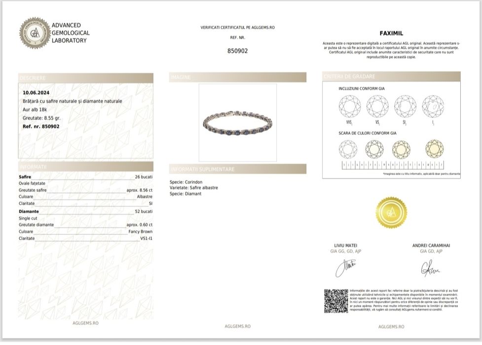 Brățară Tennis Aur Alb 18k – Safire Naturale 8.56 ct și Diamante – Certificat AGL