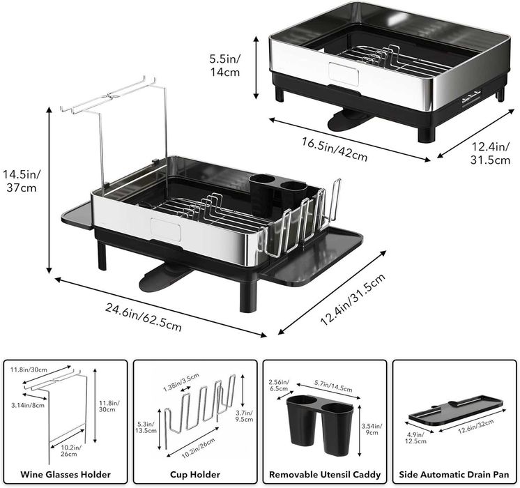 Suport pentru uscare vase Niffgaff pentru bucătărie, cu sistem automat de drenaj, cadru din oțel inoxidabil, rezistent la amprente