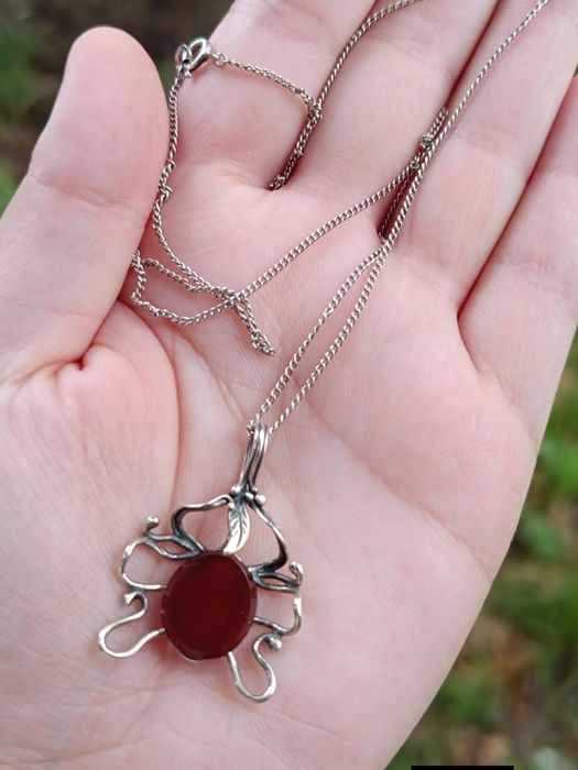 Vechi lant argint 835 cu pandantiv piatra carnelian argint 875, german