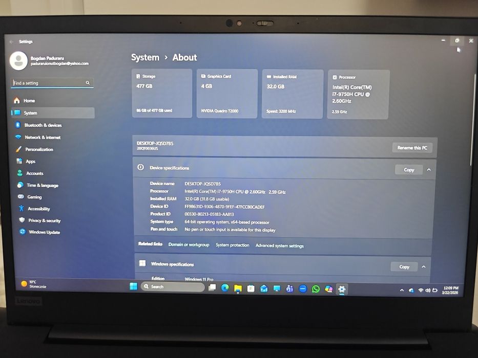 Laptop Lenovo P1 Gen2 i7-9750H 32G DDR4 512G NVME 15.6 i