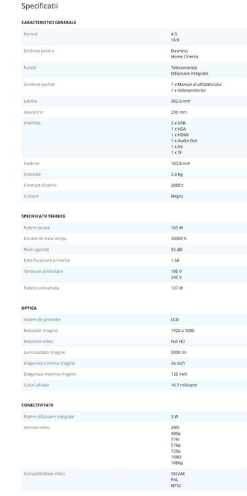 Videoproiector A+ VPL2, WXGA, Full HD, redare 4K, 5000 lumeni, Negru