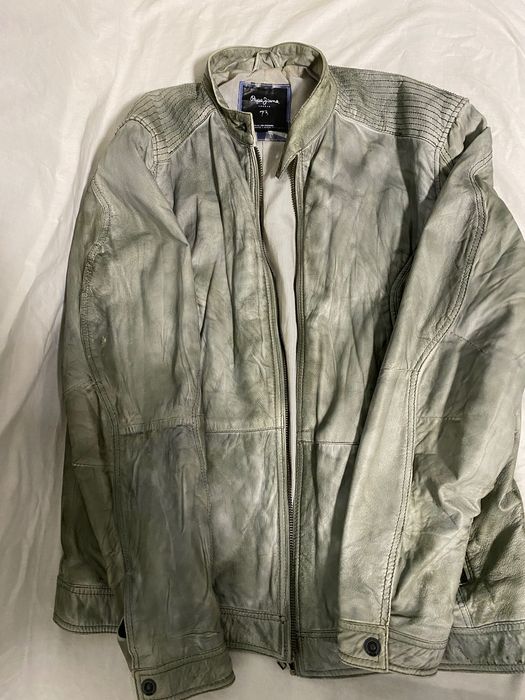 Geacă de piele Pepe Jeans London "73" Premium Biker - Mărimea XXL (Stil Distressed / Gri-Olive