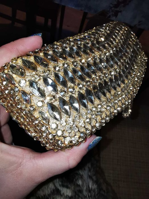 Geanta de mana, clutch cu cristale, auriu