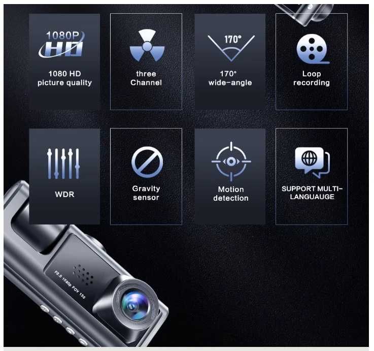 Camera Auto de Bord cu 3 camere , exterior , interior , si marsarier , Dash Cam WiFi 1080P, DVR pentru Vehicul, cu Inregistrare Video,  pentru Masina