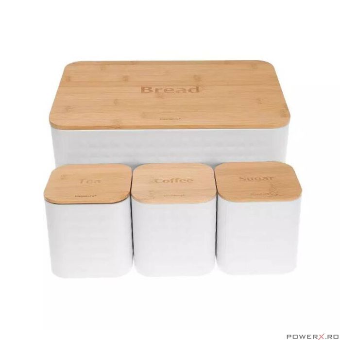 Cutie pentru paine si recipiente pentru ceai, cafea si zahar, din otel