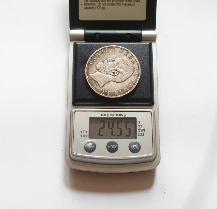 Moneda 5 lei 1883 argint, varianta cu patrat la coroana, mai rara