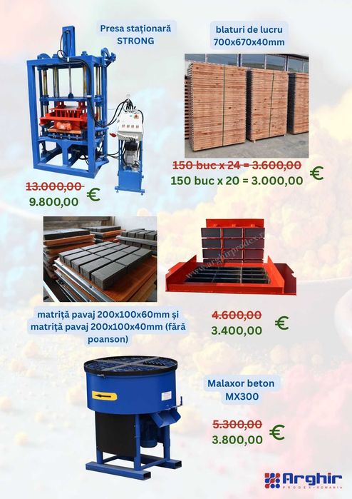 Promotie linie de productie pavaj, borduri, presa pavele, malaxor beton