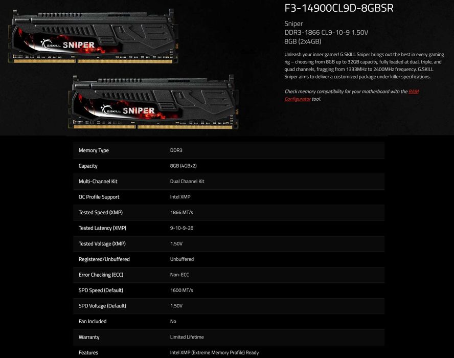 RAM 16GB 2x8gb G.SKILL SNIPER 1866Mhz DDR3