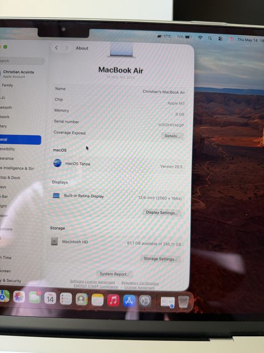 Apple MacBook Air 13-inch (M3) model 2024, echipat cu procesor Apple M3, 256 GB stocare si 8 GB RAM