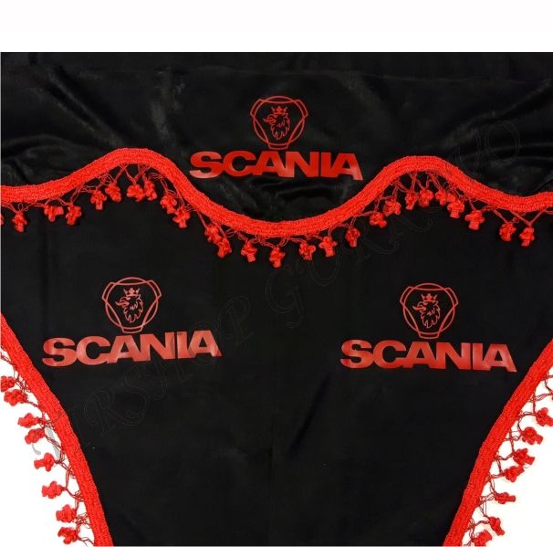 Черни пердета с червени пискюли и лого за камиони