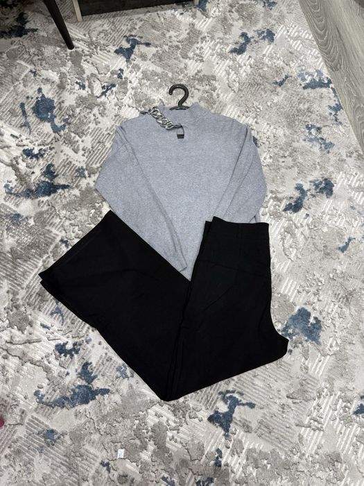 Серый свитер + чёрные классические брюки | Комплект