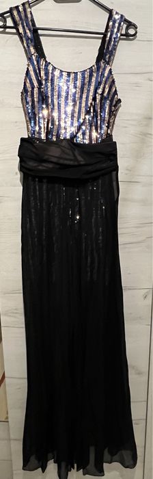 Rochie lunga de ocazie paiete albastru auriu voal matase marimea S