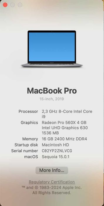 MacBook Pro 15 inch 2019 i9, 16GB RAM, Radeon 560X
