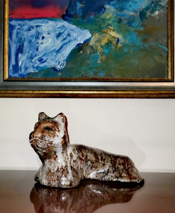 Керамична фигурa на котка тигър, ръчно изработена глазирана арт котка