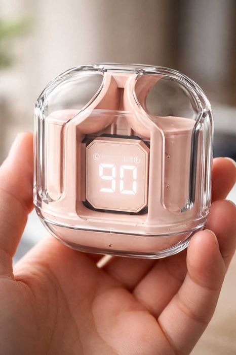 Безжични Bluetooth слушалки с LED дисплей и прозрачен заряден калъф