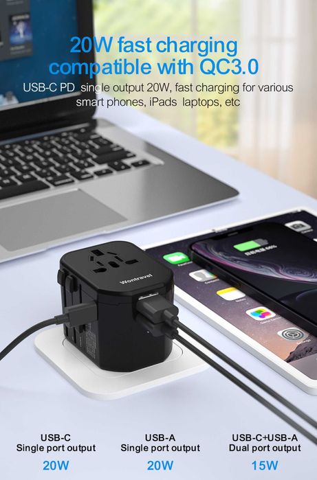 6в1 Универсален адаптер за пътуване UK, US, EU | 2 USB A + USB C