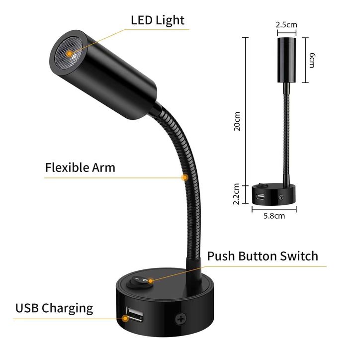 Set 2 lampi LED citit 12V gat flexibil port USB autorulota barca negru