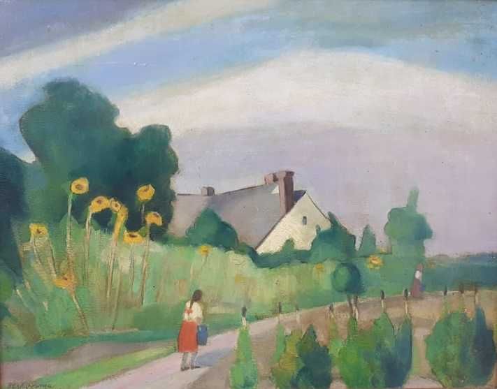 Tablou vechi - peisaj rural - semnat Berky Irma