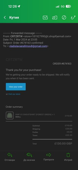 Блуза Corteiz HMP V2 Sweatshirt Forest Green размер S