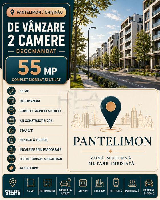 2 camere Pantelimon/Chisinau decomandat, centrala, an 2021, 55 mp
