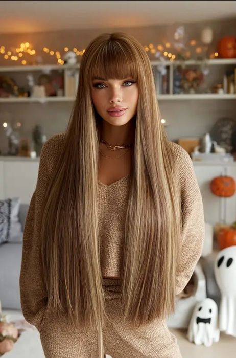 Дълга права светло кестенява перука с бретон