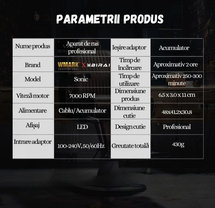 Masina De Tuns Profesionala BIRAI Sonic cu Acumulator, Stand incarcare
