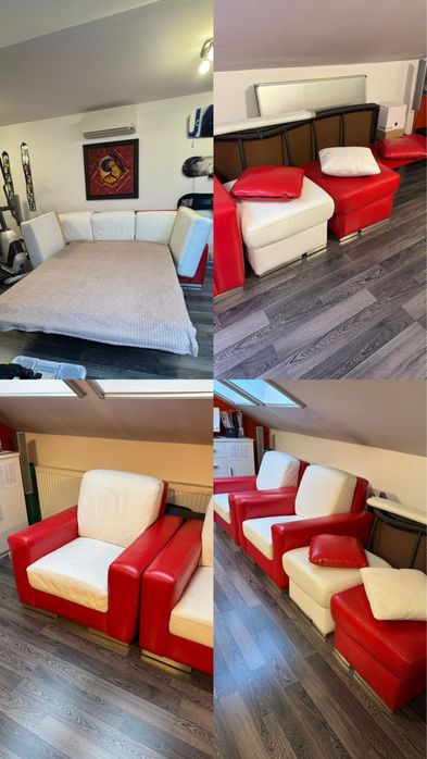 Canapea Extensibila piele naturala, fotolii, tabureti, masuta, perne