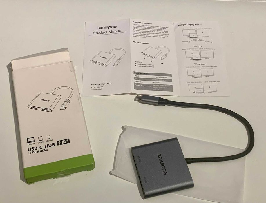 USB-C hub 2 in 1 la dual HDMI (MAC sau Windows, 3 monitoare în total)
