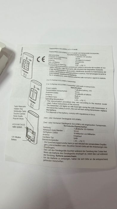 BENINCA Дистанционно за гаражна врата 433MHz 2 бутона