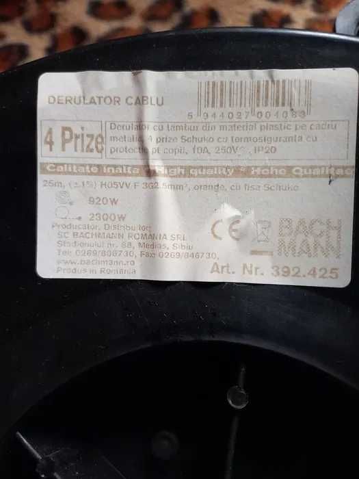 Nou,Derulator BACHMANN,Rola Tambur,4 Prize,25 m,3x2,5 mmp,intrerupator