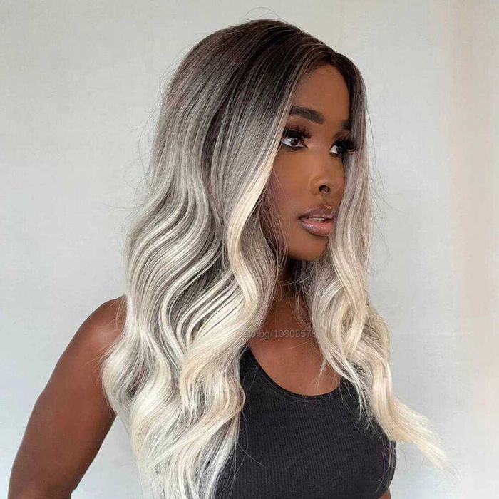 Омбре перука средна дължина - тъмни корени и пепеляво руси краища