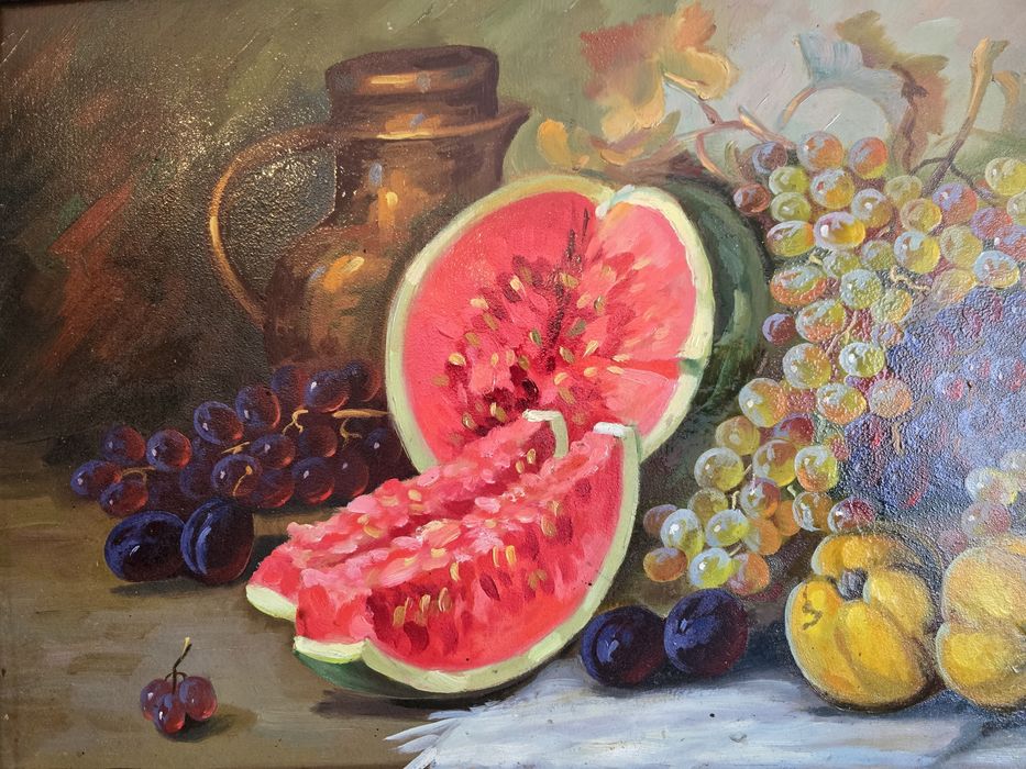 Pictura natura statica cu pepene si struguri Elena Muller Stancescu