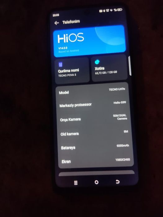 Tecno Pova5 128GB xotira holati ideal kafolatlangan