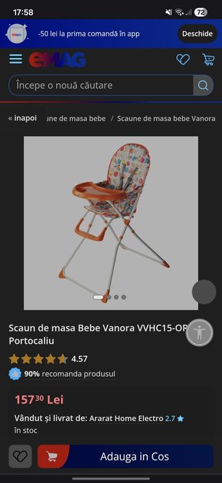 Scaun de masa Bebe Vanora VVHC15-ORG, Portocaliu