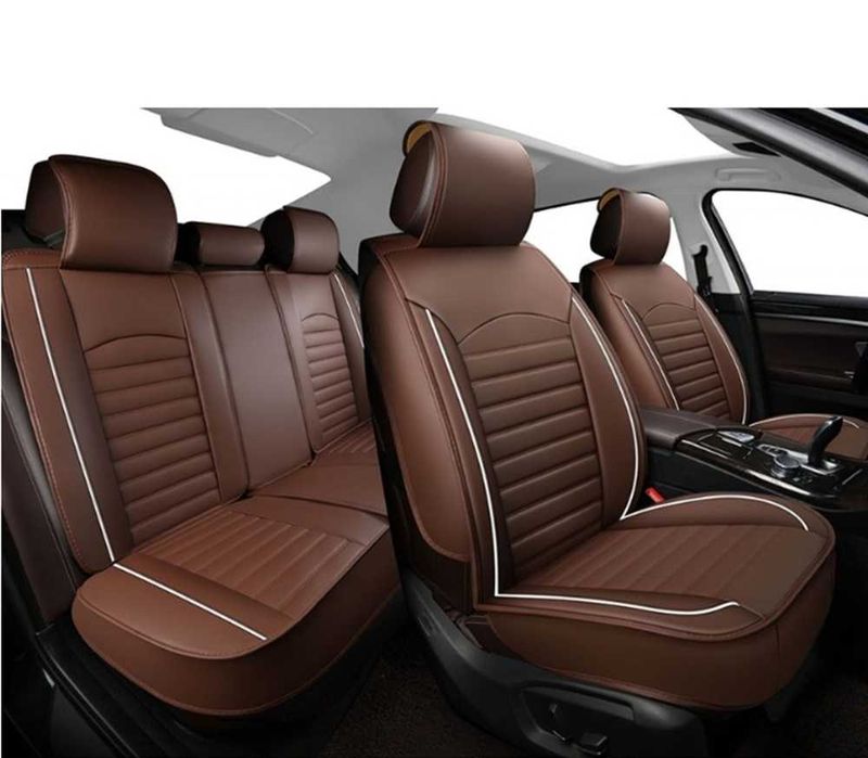 Комплект луксозна Кожена тапицерия за автомобил - Кафява/5 части.