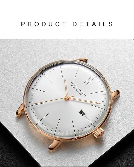 Reef Tiger Automatic Dress Watch Ultrathin Mechanical Convex Lens 42mm