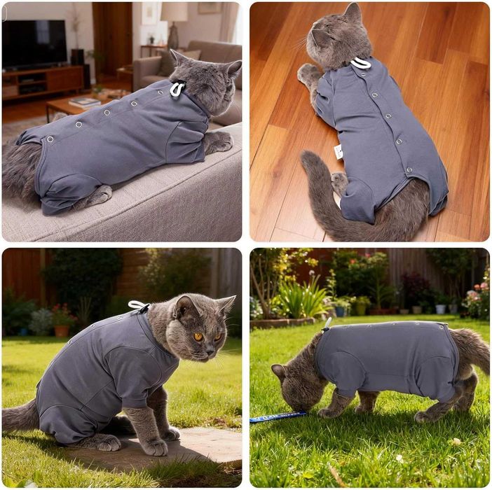HEYWEAN Костюм за възстановяване на котки с дълъг ръкав, сив, M ; L