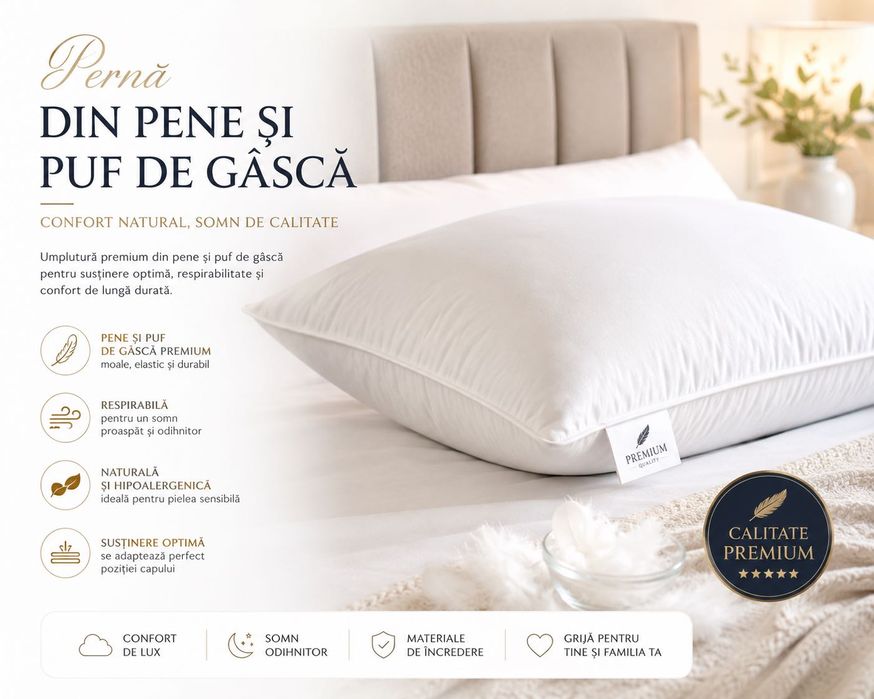 Perne Premium din Pene și puf de gâscă 100% natural