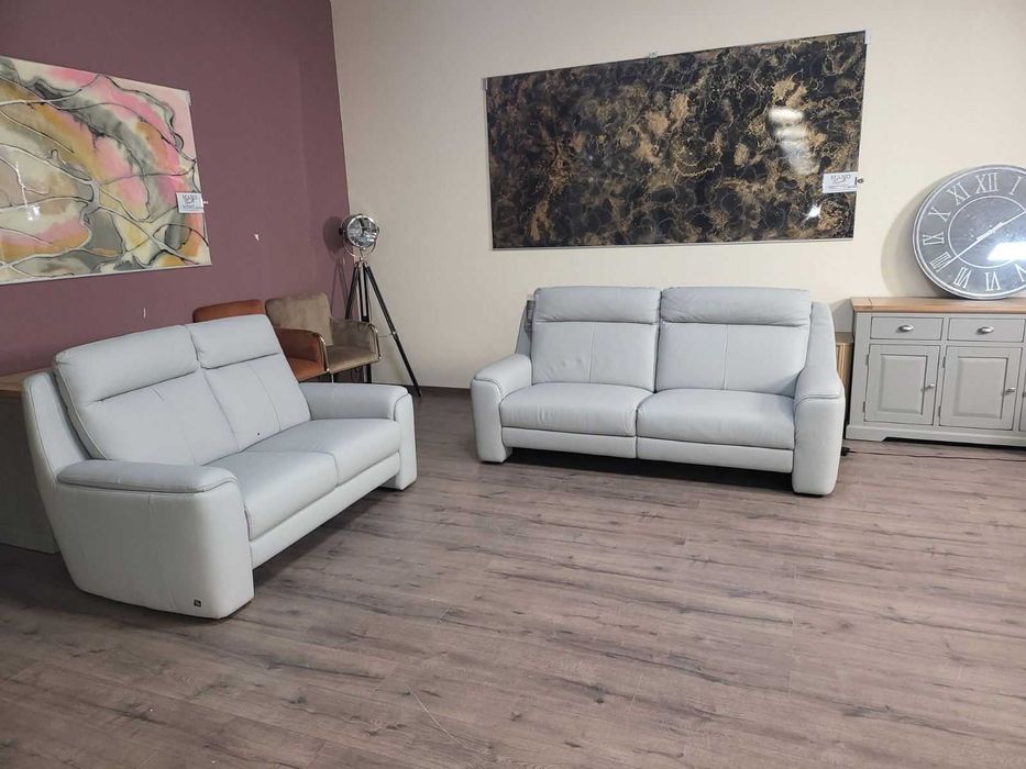 Италиански сив кожен комплект дивани тройка и двойка с ел. релакс
