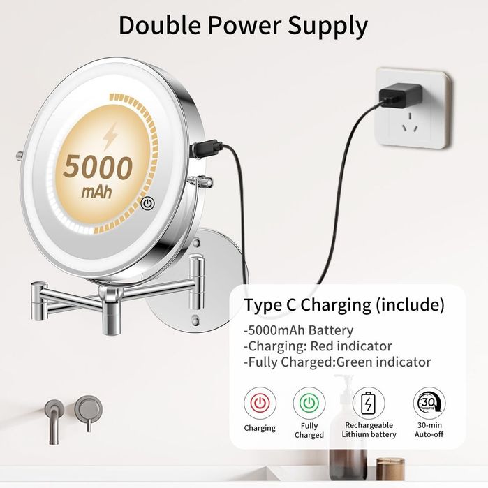 Oglindă de machiaj reîncărcabilă de 5000mAh cu mărire 1X/20X – 9 inci Alb
