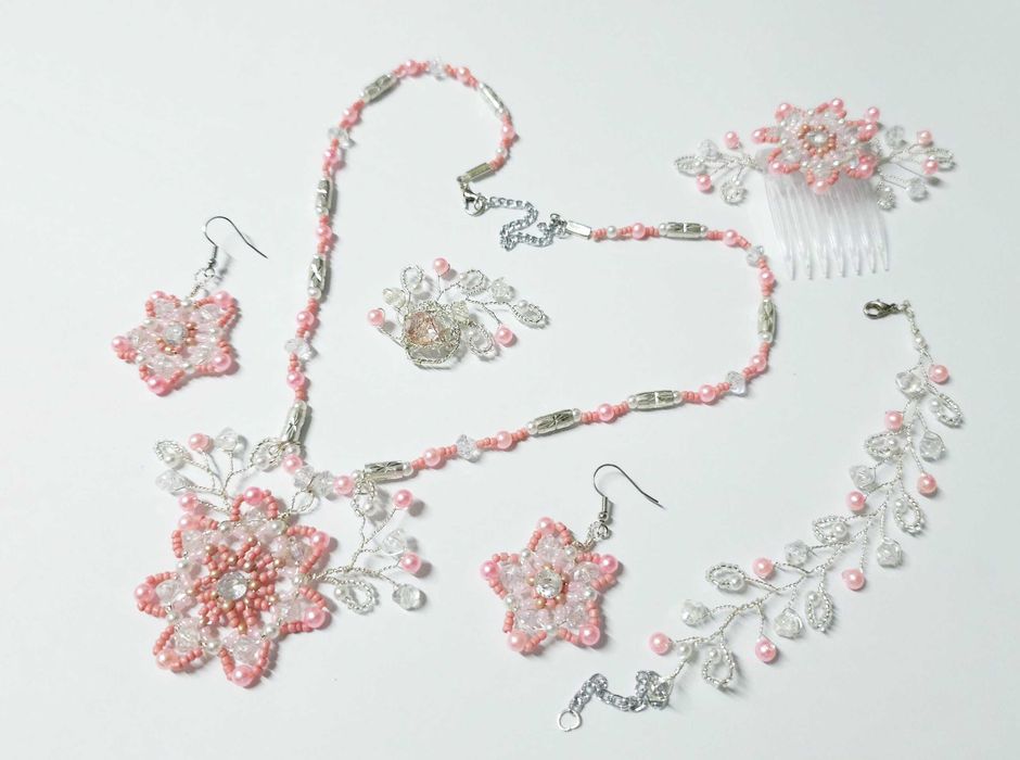 Set bijuterii unicat evenimente roz, roz-somon argintiu, lucrat manual