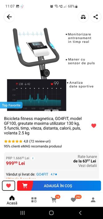 Bicicleta fitness magnetica, GO4FIT, model GF100, greutate maxima util