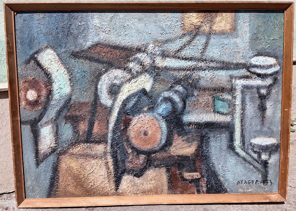 Tablou vechi - masinaria timpului - semnat si datat Neagu P. 1973