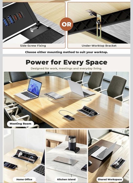 Вграден алуминиев контакт с 3 изхода, 2 USB-C PD 30W порта и 2 USB-A