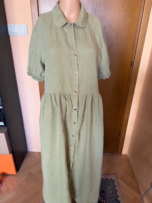 Ленена рокля в маслинено зелен цвят Zara, размер M/L