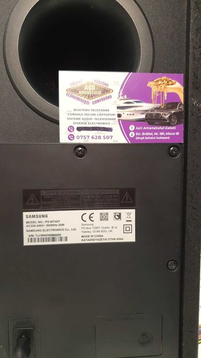 Asii Amanetului - Soundbar Samsung HW-T450/EN cu subwoofer, 2.1 canale (soundbar + subwoofer extern), Putere totală: 200W