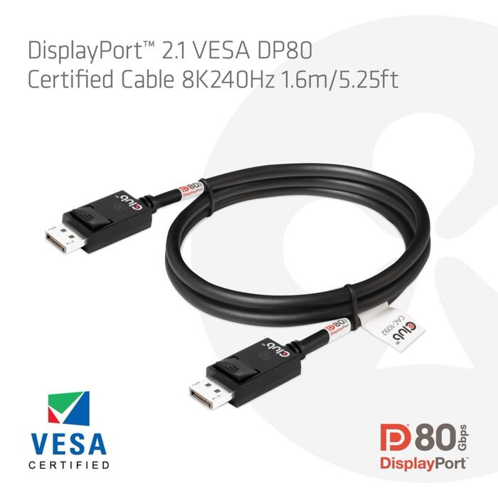 Club3D CAC-1092 DisplayPort 2.1 (Male to Male), длина 1.6 метра.