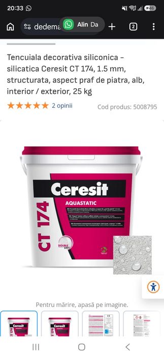 Vand 6 galeti Tencuiala decorativa siliconica - silicatica Ceresit CT 174, 1.5 mm, structurata, aspect bob de orez  int/ext  25 kg pret 180/galeata