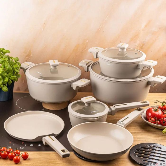 Set oale din aluminiu turnat cu strat antiaderent, bej, 12 piese,