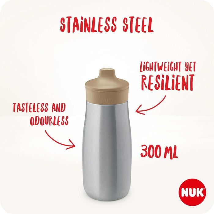 NUK Mini-Me Sip – Детска бутилка за вода, 300 мл, неръждаема стомана, 9+ месеца, Beige Fox